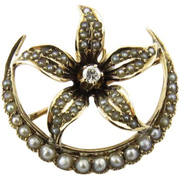 Vintage 10 Karat Yellow Gold Seed Pearl and Diamond Brooch/Pin #4367 - Picture 1 of 6